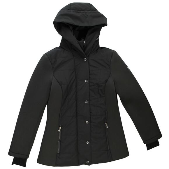 Michael Michael Kors Hooded Puffer Jacket S Black Mixed Media Zip - Picture 1 of 11